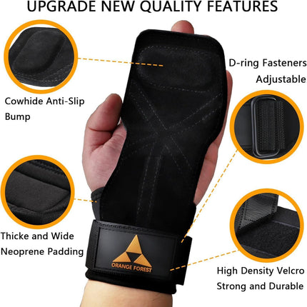 Heavy Duty Weightlifting Grips - Anti-Slip Cowhide Palm Protectors with Neoprene Wrist Support & Adjustable Straps(Brown).
