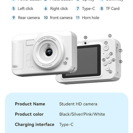 Student HD Digital Camera - 44MP, 8x Zoom, Autofocus, Dual Lens, Type-C Charging (Pink).