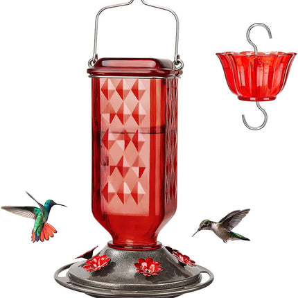 Elegant Hanging Hummingbird Feeder - Decorative Glass Nectar Bottle with Ant Moat, 6 Feeding Ports(Red).