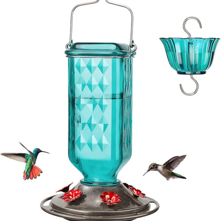 Elegant Hanging Hummingbird Feeder - Decorative Glass Nectar Bottle with Ant Moat, 6 Feeding Ports(Green).