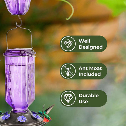 Elegant Hanging Hummingbird Feeder - Decorative Glass Nectar Bottle with Ant Moat, 6 Feeding Ports(Green).