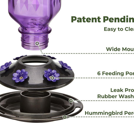 Elegant Hanging Hummingbird Feeder - Decorative Glass Nectar Bottle with Ant Moat, 6 Feeding Ports(Green).