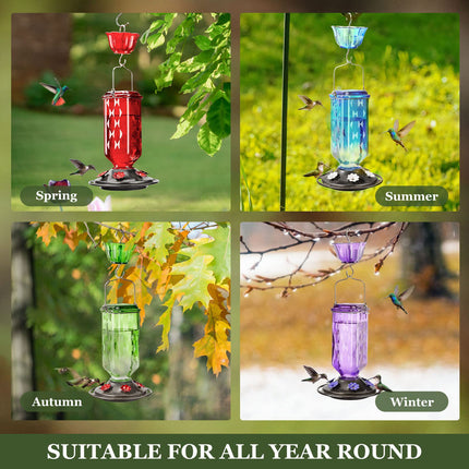Elegant Hanging Hummingbird Feeder - Decorative Glass Nectar Bottle with Ant Moat, 6 Feeding Ports(Green).