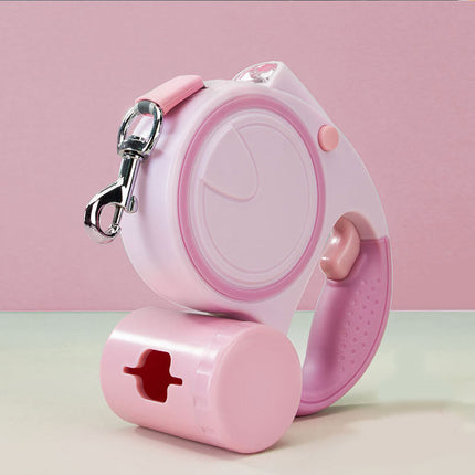 Pink 3M Retractable Dog Leash - Built-in LED Light (No Batteries) and Bag Holder.