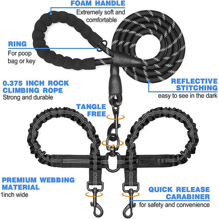 Blue Pet Double-Ended Rope + 1.5M Leash - Easy to walk two dogs, tangle-free design.