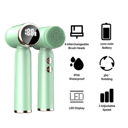 Pink 6-in-1 Electric Facial Cleansing Brush Set - Rechargeable & Waterproof.
