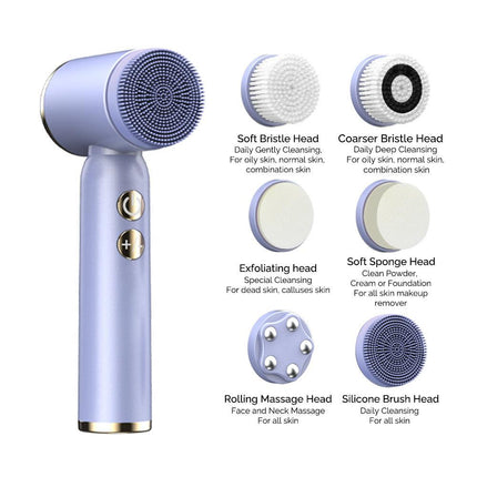 Green 6-in-1 Electric Facial Cleansing Brush Set - Rechargeable & Waterproof.
