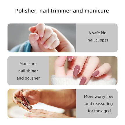 White Multi-Function Electric Nail File - Built-in Storage Space, LED Light, Quiet Operation.