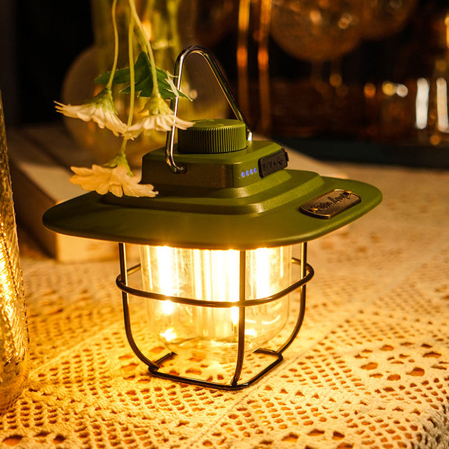 Green Vintage LED Camping Lantern - Rechargeable, Stepless Dimming, Power Bank.