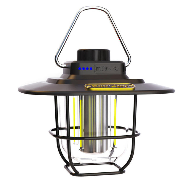 Black Vintage LED Camping Lantern - Rechargeable, Stepless Dimming, Power Bank.