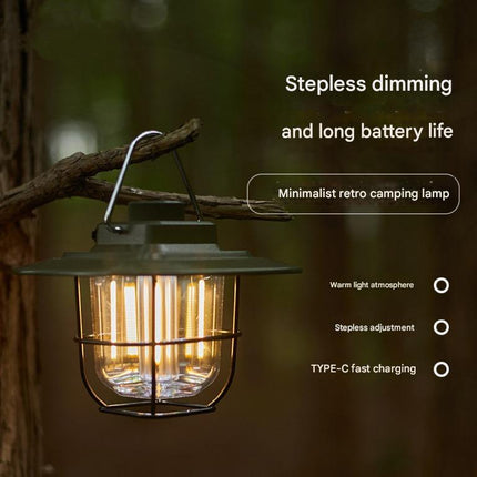 Black Vintage LED Camping Lantern - Rechargeable, Stepless Dimming, Power Bank.