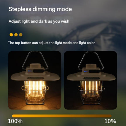 Black Vintage LED Camping Lantern - Rechargeable, Stepless Dimming, Power Bank.