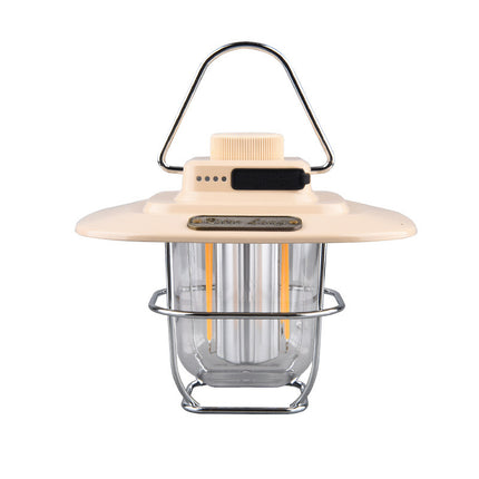 Beige Vintage LED Camping Lantern - Rechargeable, Stepless Dimming, Power Bank.