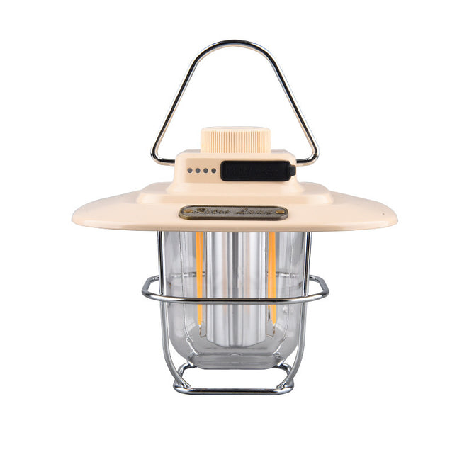 Beige Vintage LED Camping Lantern - Rechargeable, Stepless Dimming, Power Bank.