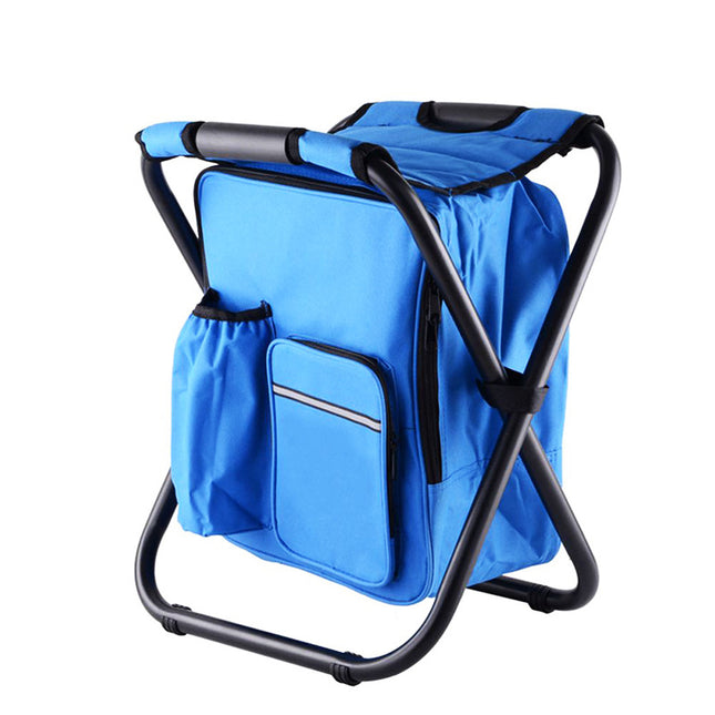 Blue Insulated Cooler Backpack Chair - Foldable Stool for Picnics & BBQ.