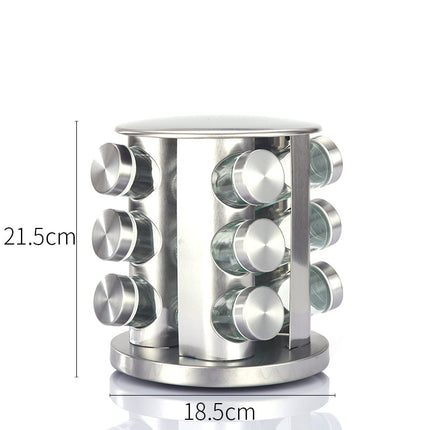 Modern stainless steel round rotating spice rack with 12 empty glass jars (88 ml each).