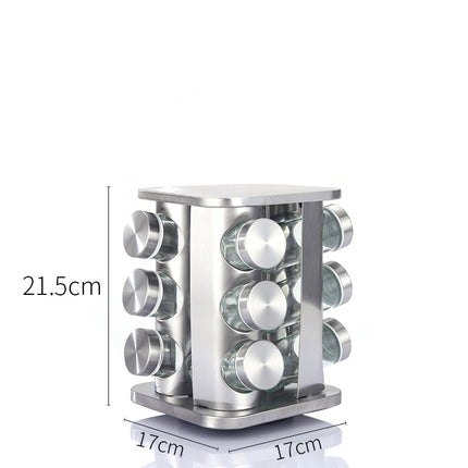 Modern stainless steel rounded corner rotating spice rack with 12 empty glass jars (88 ml each).