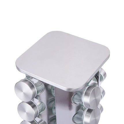 Modern stainless steel rounded corner rotating spice rack with 12 empty glass jars (88 ml each).
