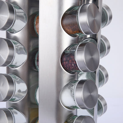 Modern stainless steel rounded corner rotating spice rack with 12 empty glass jars (88 ml each).