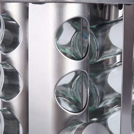 Modern stainless steel rounded corner rotating spice rack with 12 empty glass jars (88 ml each).