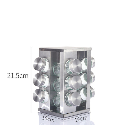 Modern stainless steel square spice revolving rack with 12 (88 ml each) empty glass jars.