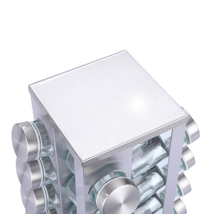Modern stainless steel square spice revolving rack with 12 (88 ml each) empty glass jars.