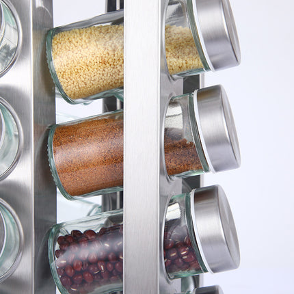 Modern stainless steel square spice revolving rack with 12 (88 ml each) empty glass jars.