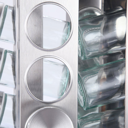 Modern stainless steel square spice revolving rack with 12 (88 ml each) empty glass jars.
