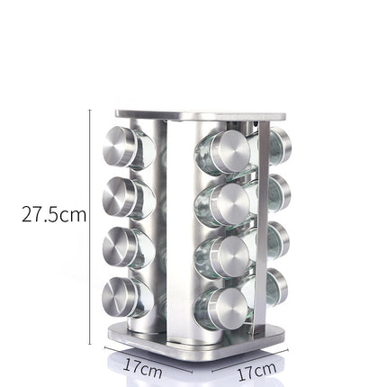 Modern stainless steel rounded corner rotating spice rack with 16 empty glass jars (88 ml each).