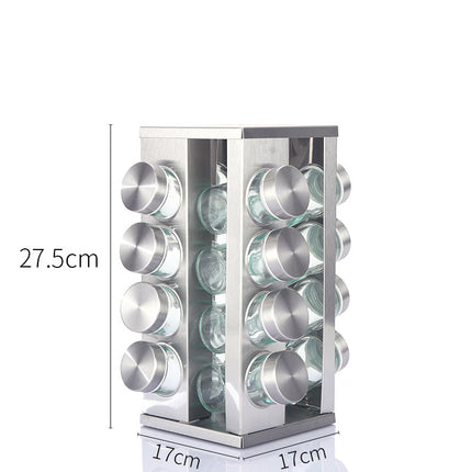 Modern stainless steel square spice revolving rack with 16 (88 ml each) empty glass jars.