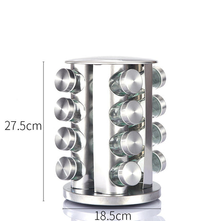 Modern stainless steel round-top rotating spice rack with 16 empty glass jars (88 ml each).