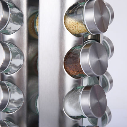 Modern stainless steel round-top rotating spice rack with 16 empty glass jars (88 ml each).