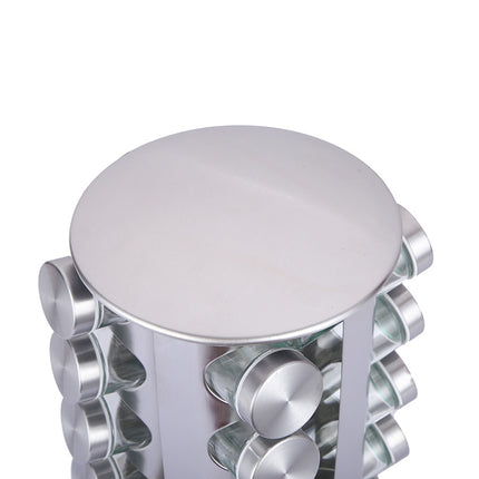 Modern stainless steel round-top rotating spice rack with 16 empty glass jars (88 ml each).