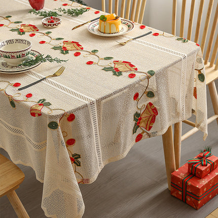 Embroidered Christmas Tablecloth - Embroidered Bells & Holly Design (140*200cm).