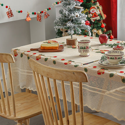 Embroidered Christmas Tablecloth - Embroidered Bells & Holly Design (140*200cm).