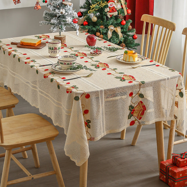 Embroidered Christmas Tablecloth - Embroidered Bells & Holly Design (140*240cm).
