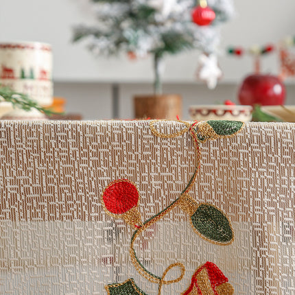Embroidered Christmas Tablecloth - Embroidered Bells & Holly Design (140*240cm).