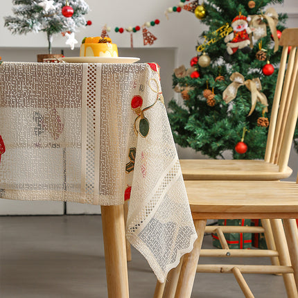 Embroidered Christmas Tablecloth - Embroidered Bells & Holly Design (140*240cm).