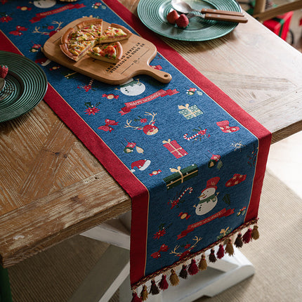 Blue Christmas Festive Table Runner - Blue with Snowman, Reindeer and Happy Holidays (35*220cm).