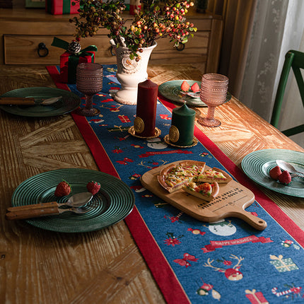 Blue Christmas Festive Table Runner - Blue with Snowman, Reindeer and Happy Holidays (35*220cm).
