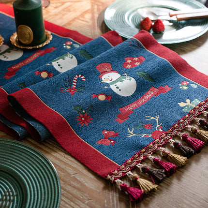 Blue Christmas Festive Table Runner - Blue with Snowman, Reindeer and Happy Holidays (35*220cm).