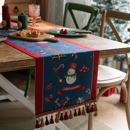 Blue Christmas Festive Table Runner - Blue with Snowman, Reindeer and Happy Holidays (35*220cm).