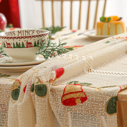 Embroidered Christmas Tablecloth - Embroidered Bells & Holly Design (140*305cm).