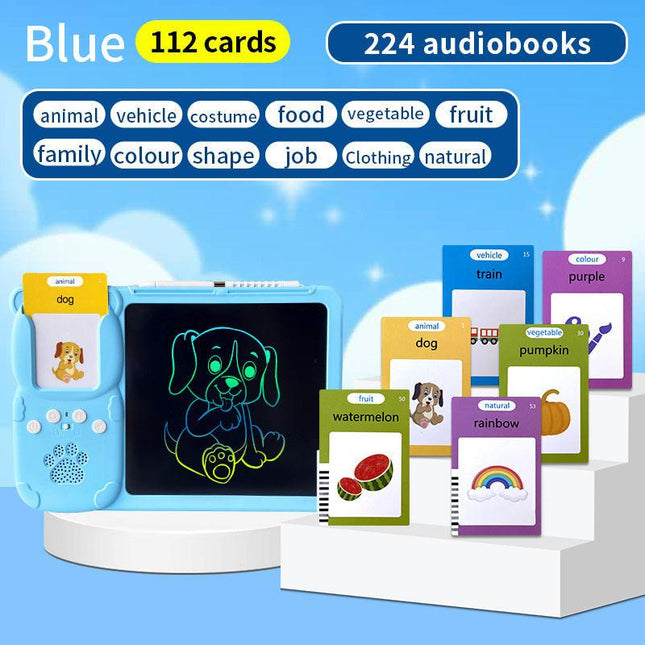 Blue (112 cards, pure English) Kids Interactive Early Education Toy: Combination Card Reader & LCD Drawing Board for Toddlers.