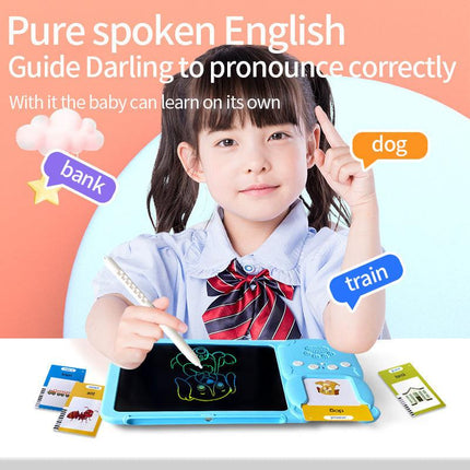 Blue (112 cards, pure English) Kids Interactive Early Education Toy: Combination Card Reader & LCD Drawing Board for Toddlers.