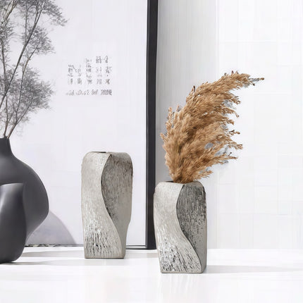 Silver Abstract Twisted Ceramic Vase - Artistic Minimalist Flower Holder for Home Decor (20x10x10cm).