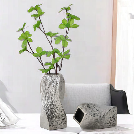 Silver Abstract Twisted Ceramic Vase - Artistic Minimalist Flower Holder for Home Decor (20x10x10cm).