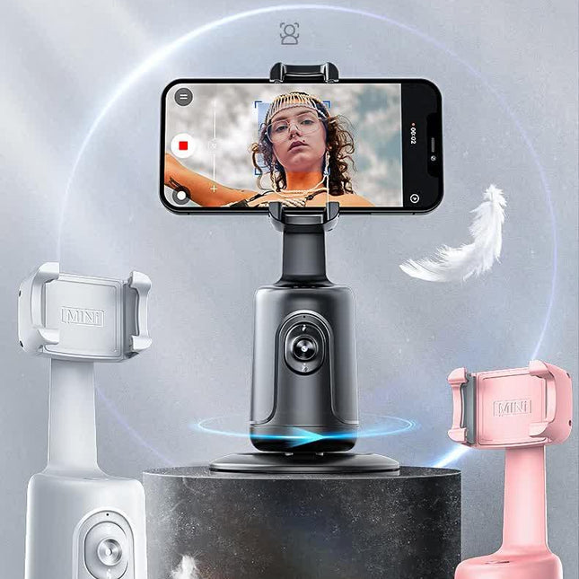 White AI Smart Auto Tracking Phone Holder - 360° Rotation Face & Body Tracking Mount.