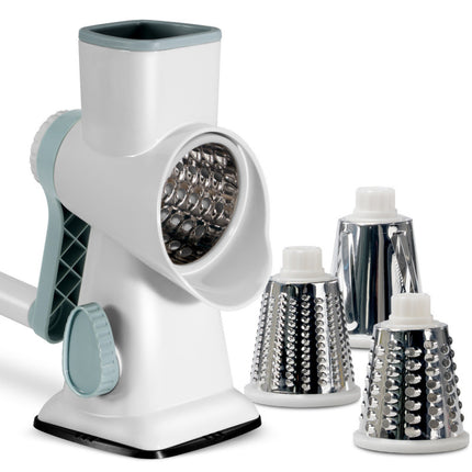 White Rotary Cheese Grater & Vegetable Slicer - Manual Shredder with 3 Interchangeable Drums.