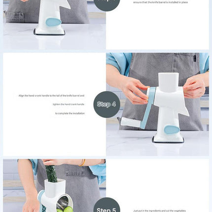 White Rotary Cheese Grater & Vegetable Slicer - Manual Shredder with 3 Interchangeable Drums.
